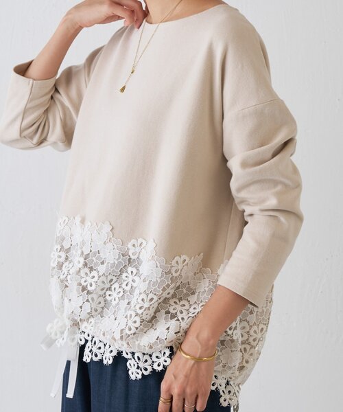 BEARDSLEY tシャツ 裾レースコットンカットソー レディース