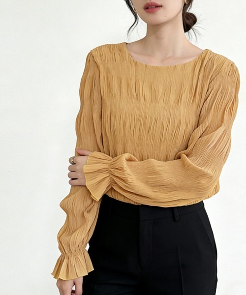 ベージュ フリルスリーブ トップス ブラウス シャツ シアースリーブフリル袖トップス レディース