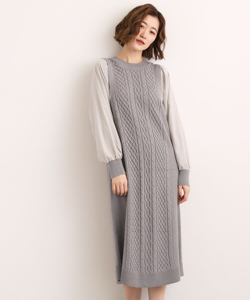 grove（グローブ） ワンピース 一枚で華やぐ、袖布帛ケーブルニット