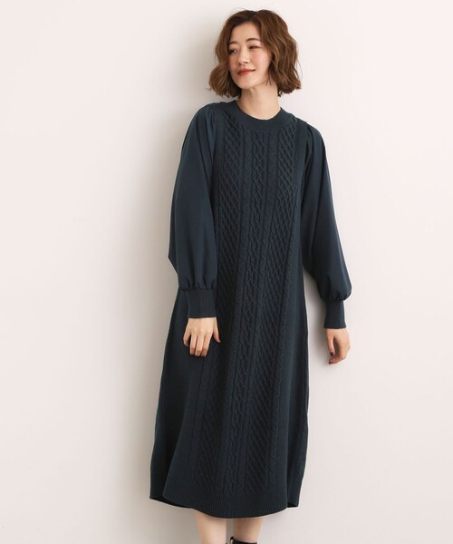 grove（グローブ） ワンピース 一枚で華やぐ、袖布帛ケーブルニット