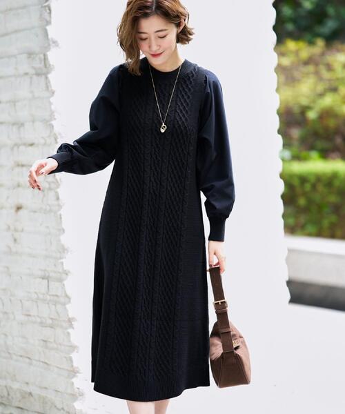 grove（グローブ） ワンピース 一枚で華やぐ、袖布帛ケーブルニット