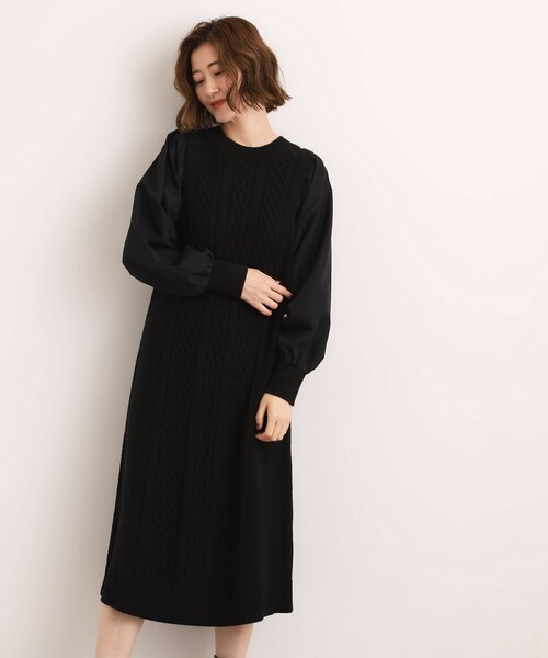 grove（グローブ） ワンピース 一枚で華やぐ、袖布帛ケーブルニット