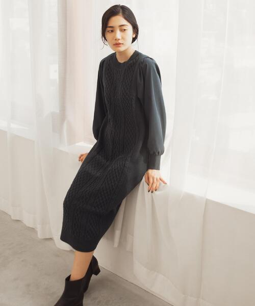 grove（グローブ） ワンピース 一枚で華やぐ、袖布帛ケーブルニット