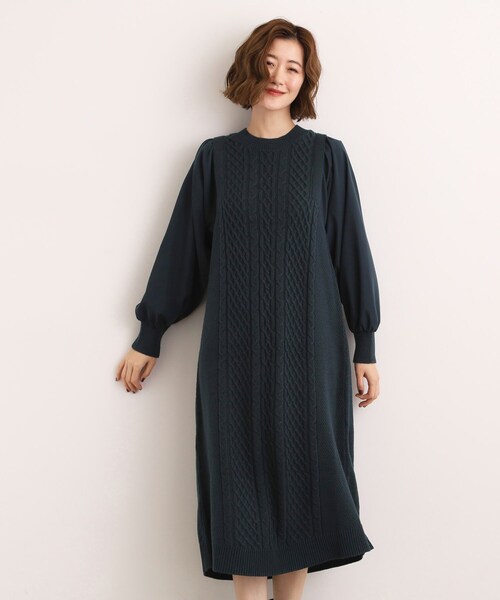 grove（グローブ） ワンピース 一枚で華やぐ、袖布帛ケーブルニット