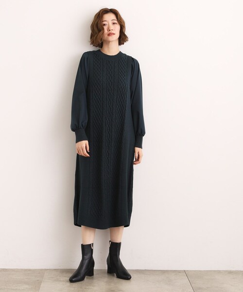 grove（グローブ） ワンピース 一枚で華やぐ、袖布帛ケーブルニット