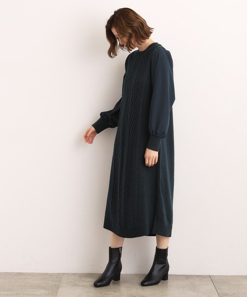 grove（グローブ） ワンピース 一枚で華やぐ、袖布帛ケーブルニット