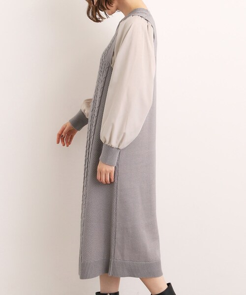 grove（グローブ） ワンピース 一枚で華やぐ、袖布帛ケーブルニット