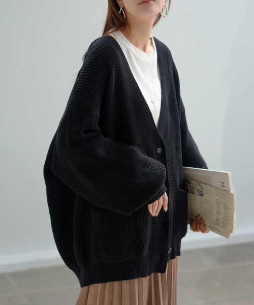 HUG.U（ハグユー） カーディガン 綿100％ざっくりワッフルカーディガン