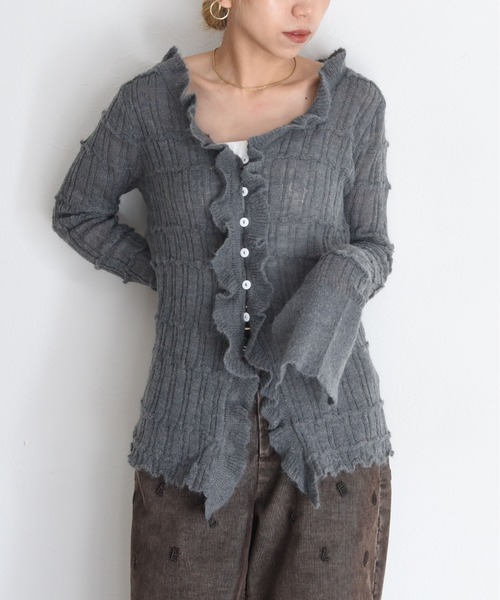 新品タグ付き　定価¥9,790 Eimee Law フリルダメージメッシュ　ニット　カーディガン セール】フリルダメージメッシュニットカーデ（カーディガン/ボレロ
