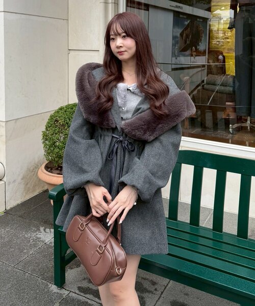 NICE CLAUP ダークブラウン ファー付きコート ナイスクラップ NICE CLAUP 【WEB先行予約】フェイクファー付ミドル