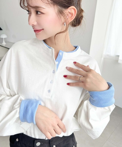 moment+ tシャツ ヘンリーネックバイカラー配色リブロンT レディース