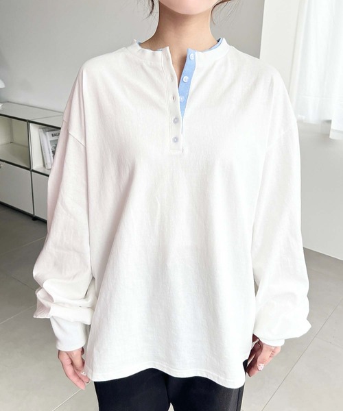 moment+ ヘンリーネック tシャツ ヘンリーネックバイカラー配色