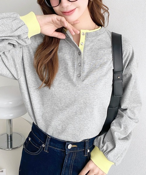 moment+ ヘンリーネック tシャツ ヘンリーネックバイカラー配色