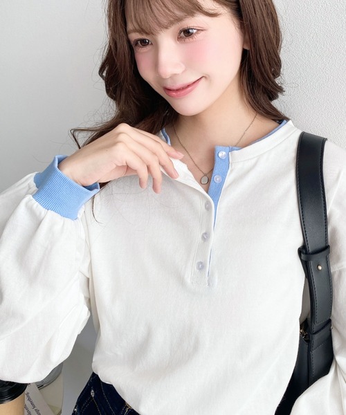 moment+ ヘンリーネック tシャツ ヘンリーネックバイカラー配色
