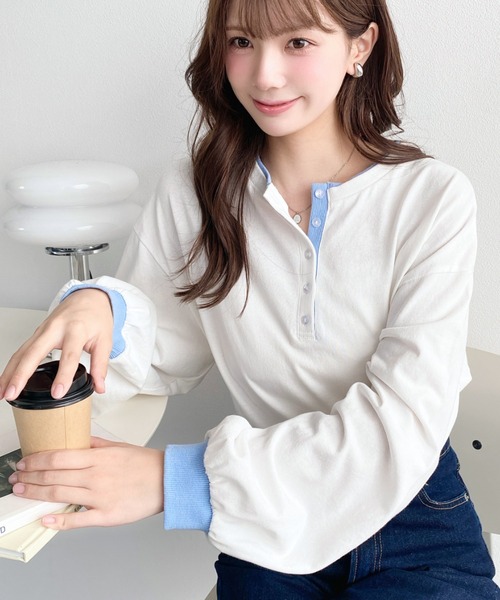 moment+ ヘンリーネック tシャツ ヘンリーネックバイカラー配色