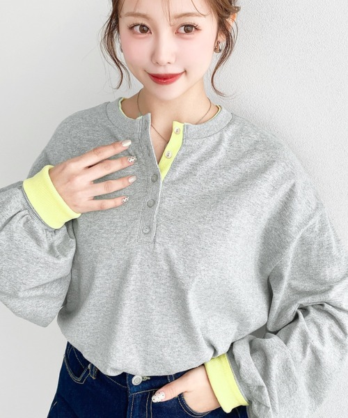 moment+ ヘンリーネック tシャツ ヘンリーネックバイカラー配色
