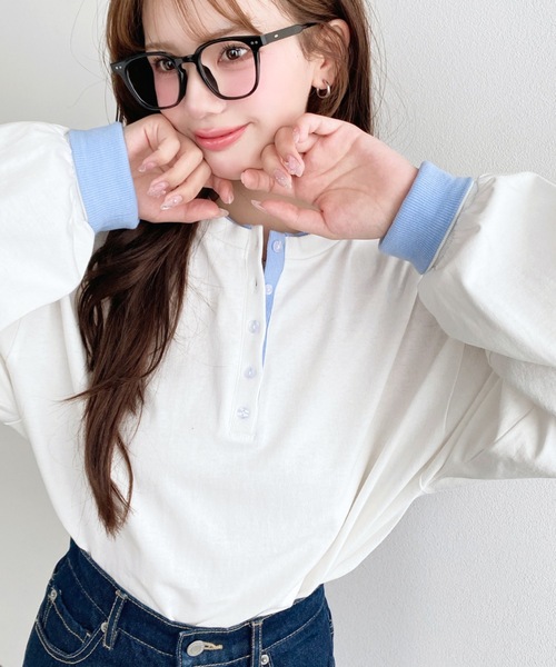 moment+ tシャツ ヘンリーネックバイカラー配色リブロンT レディース