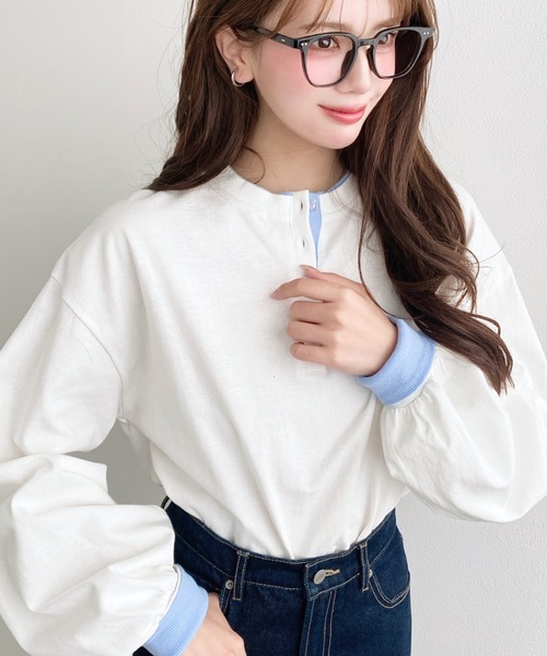 moment+ tシャツ ヘンリーネックバイカラー配色リブロンT レディース