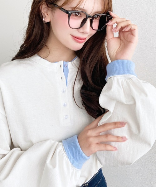 moment+ tシャツ ヘンリーネックバイカラー配色リブロンT レディース