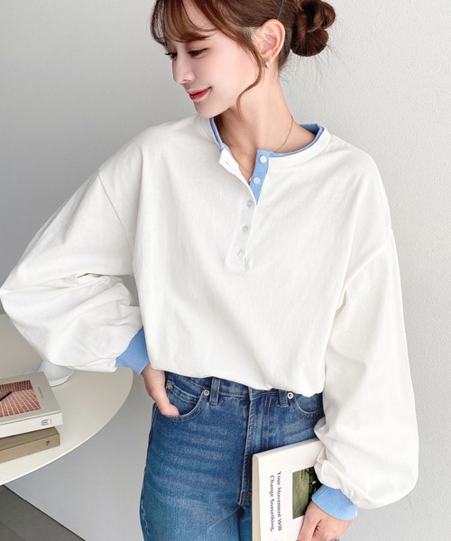 moment+ ヘンリーネック tシャツ ヘンリーネックバイカラー配色
