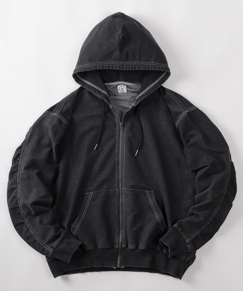 パーカー 「84」ウォッシュ加工 カットデニム ストレッチ ジップ