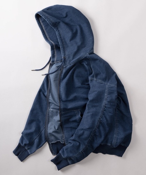 パーカー 「84」ウォッシュ加工 カットデニム ストレッチ ジップ