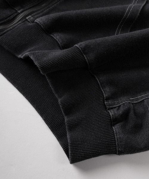 パーカー 「84」ウォッシュ加工 カットデニム ストレッチ ジップ