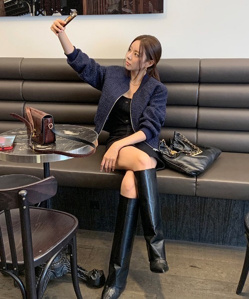 50s 60s ウール混ツイード　スタジャン ブルゾン　短丈 ごま塩 Aelina ブルゾン アウター ツイードスタジャン レディース : ZOZOTOWN