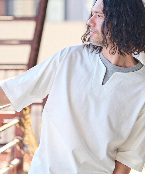 フェイクレイヤード Tシャツ キーネック 半袖 韓国 2色 hr9648 フェイクレイヤードキーネックTシャツ 半袖 | NANO universe