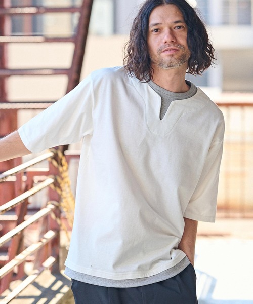 リンクスストライプキーネックフェイクレイヤードTシャツ リンクスストライプキーネックフェイクレイヤードTシャツ｜MEN'S