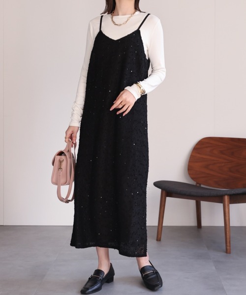 【NOLLEY'S】ドットラメジャガードキャミワンピース　ブラック　38 sakishimatokyo ワンピース スパンコールキャミワンピース/ジャガード