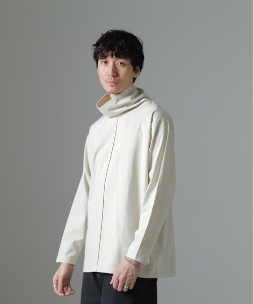 【ナノユニバース】サイドスリット ハイネックブラウス ホワイト サイドスリット ロングスリーブ Tシャツ