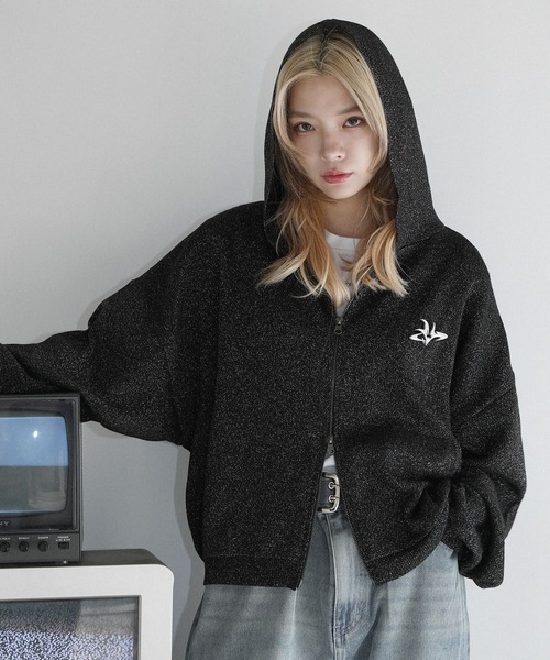 極美品✨ルネ パールメッシュニットパーカー ダブルジップ パフスリーブ ネイビー リフ Riff ジップアップニットパーカー セーター ダブルジップ