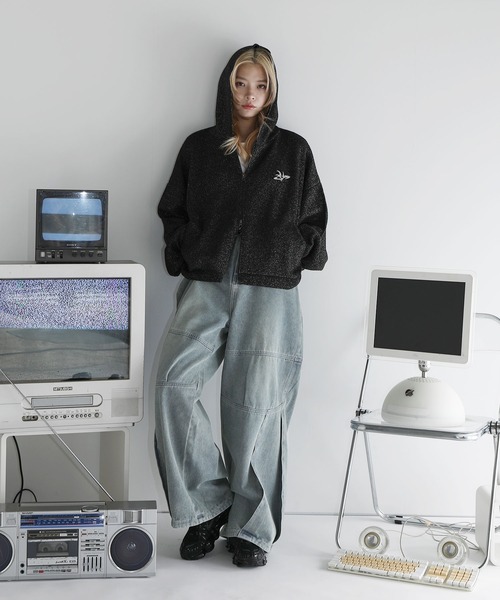 ヴィンテージメイク ラバープレート ショートダブルジップパーカー EMMA CLOTHES パーカー ヴィンテージメイク ラバープレート