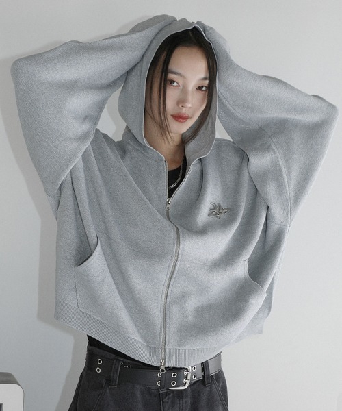 ヴィンテージメイク ラバープレート ショートダブルジップパーカー EMMA CLOTHES パーカー ヴィンテージメイク ラバープレート