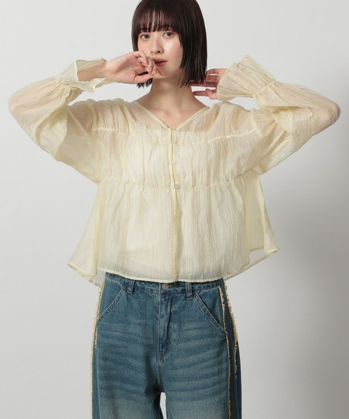 ブラウス シャツ ギャザースリーブシアーシャツブラウス レディース LAKOLE ブラウス シャツ 2WAYシアーギャザーブラウス / 322624