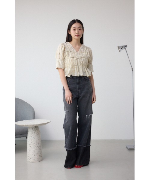 ブラウス シャツ コットンレースパフショルダーブラウス レディース AZUL BY MOUSSY ブラウス シャツ コットンレースパフショルダー