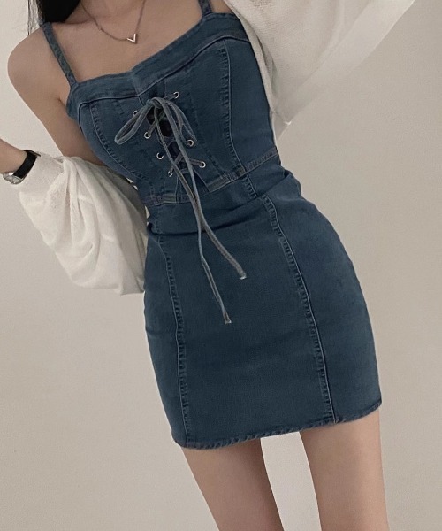 Mejoul ワンピース ストレッチデニムレースアップリボンキャミ
