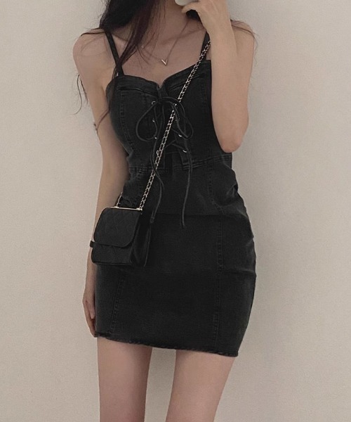 Mejoul ワンピース ストレッチデニムレースアップリボンキャミミニ