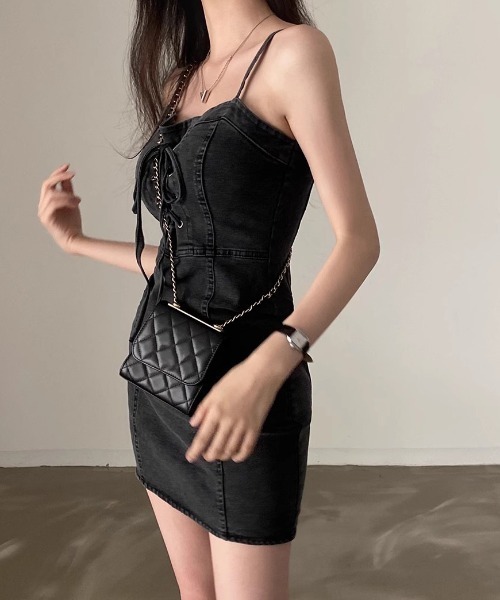 Mejoul ワンピース ストレッチデニムレースアップリボンキャミミニ