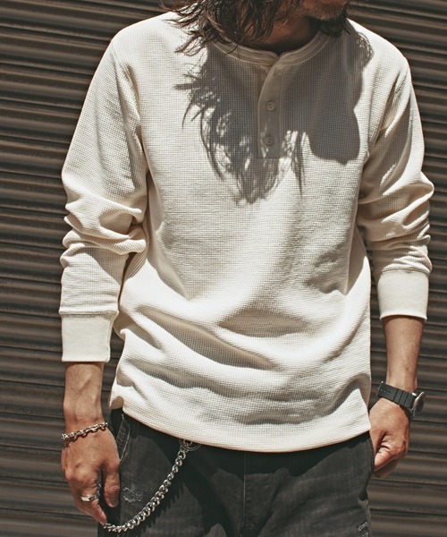 60s ワッフルシャツ　ヘンリーネック　ヴィンテージ ALL RUNS tシャツ ヴィンテージ風 ワッフルヘンリーネック 長袖