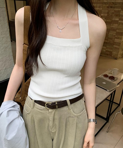 タンクトップ ノースリーブ Side Ribbon High Neck Knit Top /サイドリボンタンク レディース 27204016a.jpg