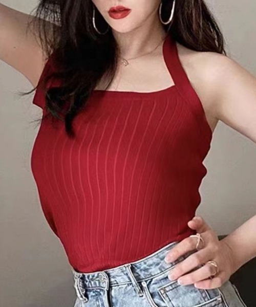 タンクトップ ノースリーブ 「FLAREUP」Backless Strap Sleeveless レディース Songe タンクトップ ノースリーブ バッグリボンホルターネック