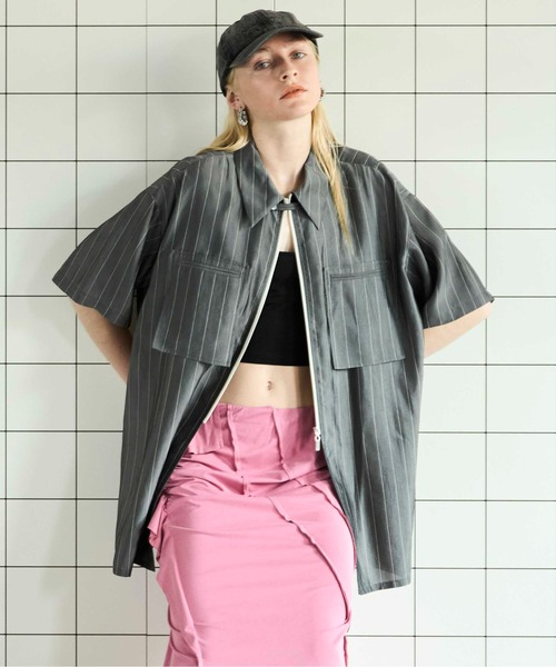 MAISON SPECIAL ブラウス シャツ Striped Zip Shirt/ストライプ