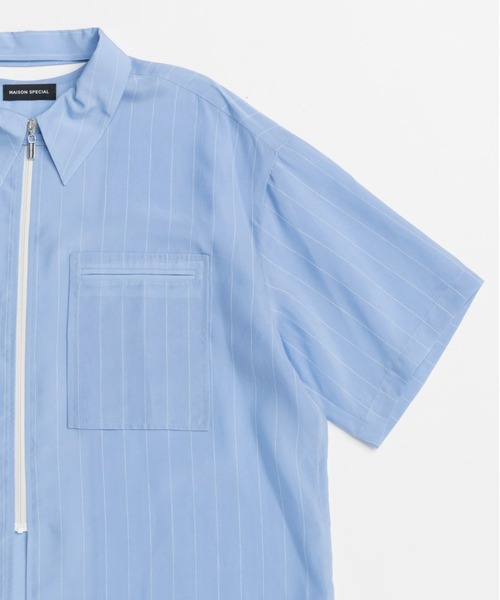 MAISON SPECIAL メゾンスペシャル ストライプ ブルー シャツ 半袖 MAISON SPECIAL(メゾンスペシャル)｜Striped Zip Shirt