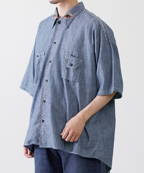 ブラウス シャツ CAL O LINE/キャルオーライン KENDAI CHAMBRAY S/S SHIRT シャツ 刺繍 レディース