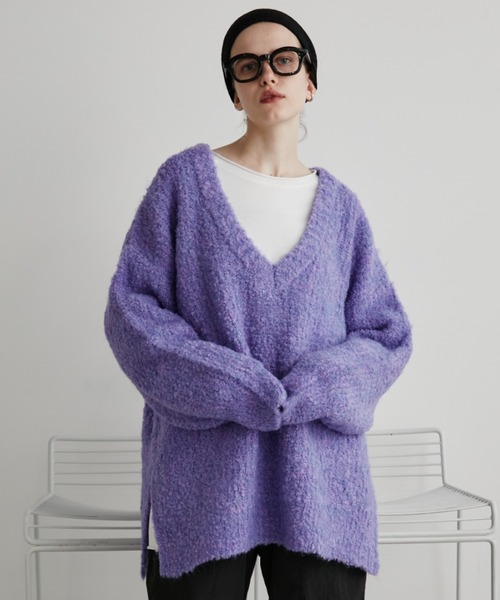 未使用 ビアズリー オーバーサイズ ニット セーター F パープル チュニック カシミヤラウンドネックニットチュニックプルオーバー | TOPS | 元町