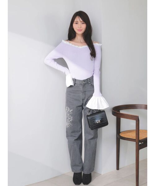 MERCURYDUO ニット セーター 異素材フリルオフショルリブニット