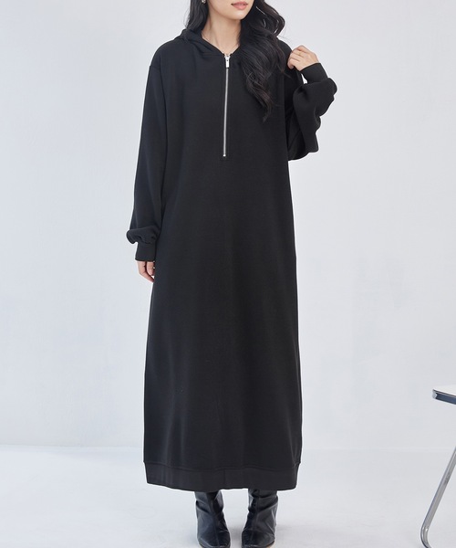 DAYRA ワンピース 裏起毛 ハーフジップ フーデット パーカー