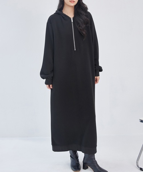 DAYRA ワンピース 裏起毛 ハーフジップ フーデット パーカー